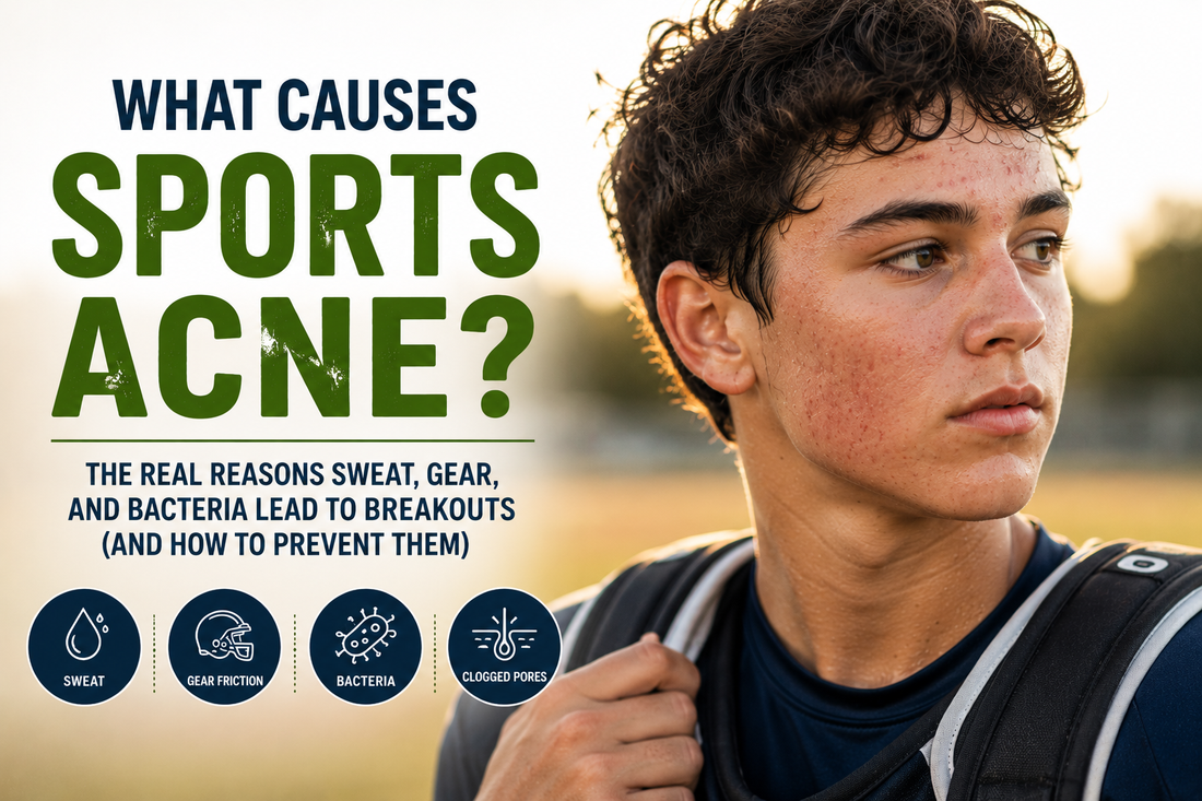 Teen athlete with facial breakouts after practice illustrating how sweat, athletic gear, bacteria, and friction contribute to sports acne.
