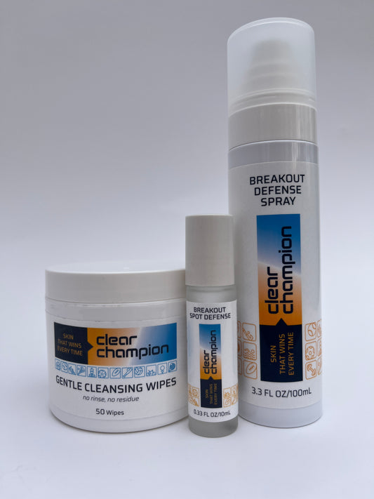 3-Step Clear Skin System bundle with Gentle Cleansing Wipes, Breakout Defense Spray, and Breakout Spot Defense Roller for athletes