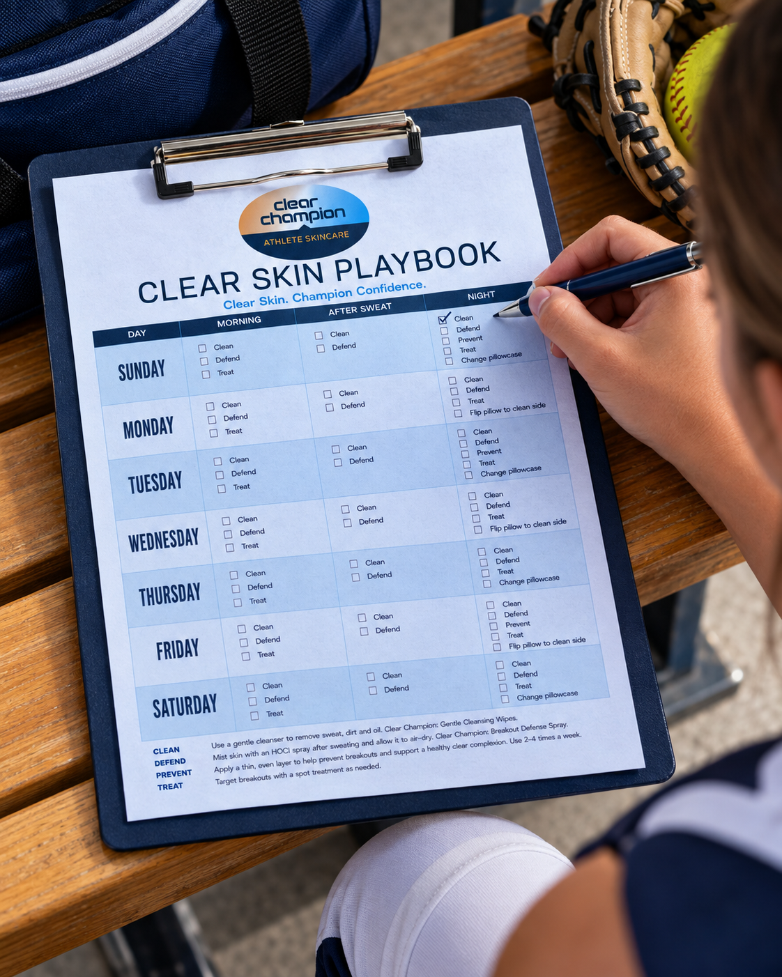 A person at a wooden table holds a blue pen and writes on a printed 'Clear Skin Playbook' clipped to a clipboard. The clipboard shows a weekly checklist layout with days of the week and sections for morning, afternoon, and night skincare.
