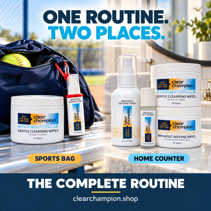 A set of Clear Champion sports and home game skincare products arranged on a bathroom counter next to a navy sports bag with a yellow ball, with text overlays reading 'ONE ROUTINE. TWO PLACES.